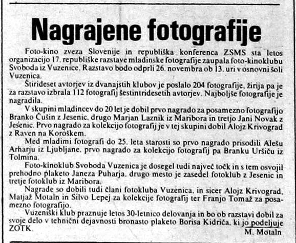 Nagrajene Fotografije Večer 1983 Članek o nagrajenih fotografijah Marjana Laznika v Večeru, november 1983