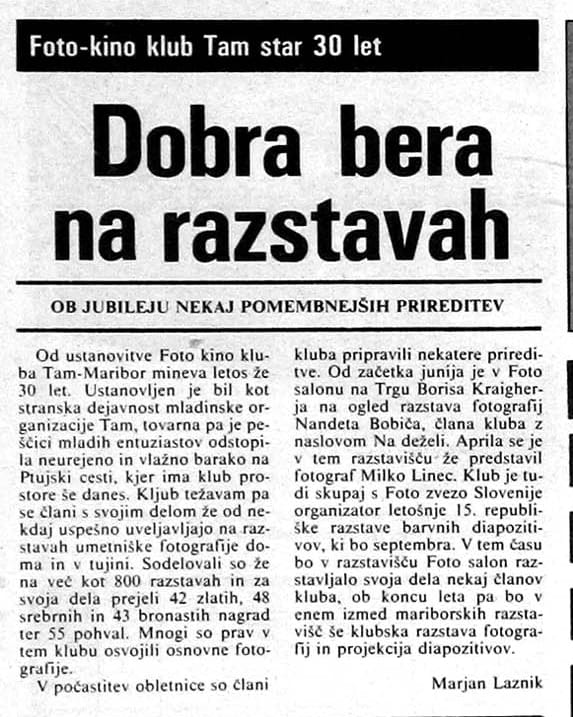 Časopis članek, Foto-kino klub Tam 30 let, Večer 1989