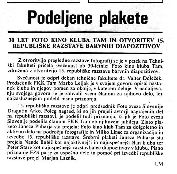 Podeljene plakete Foto Kino Klub Tam, 1989, razstava diapozitivov
