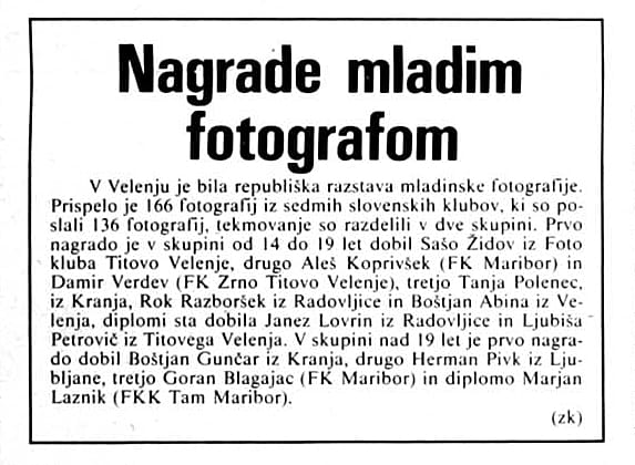 Nagrade mladim fotografom Velenje 1990 mediji objave