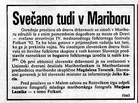Članek o otvoritvi Folkart '92 v Mariboru, 26. junij 1992