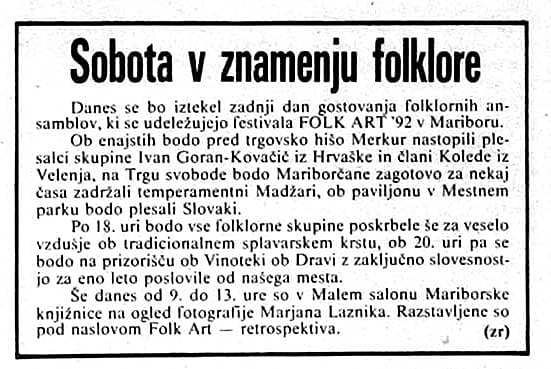 Časopisni izrez Večer 27. junij 1992, festival FOLK ART '92, Maribor