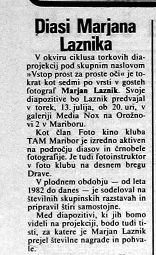 Članek o razstavi diapozitivov Marjana Laznika v Mariboru, 1993.