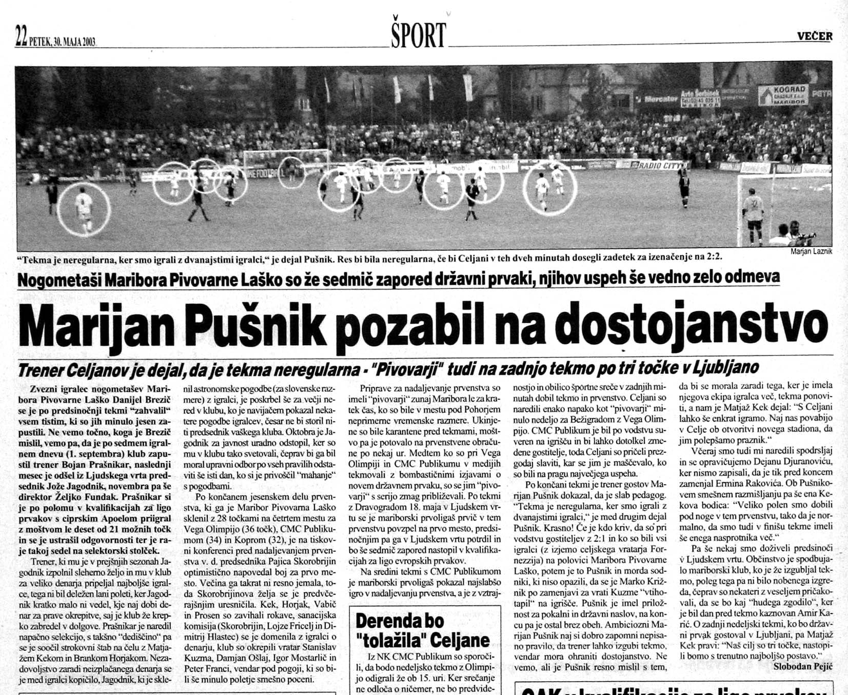 Nogometaši Maribora Pivovarne Laško, Večer, 2003