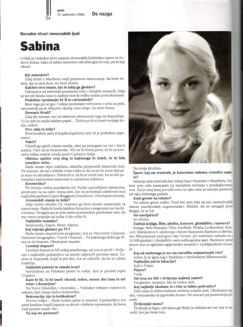 Sabina Cvilak v reviji Polet, fotografija Marjan Laznik, september 2006