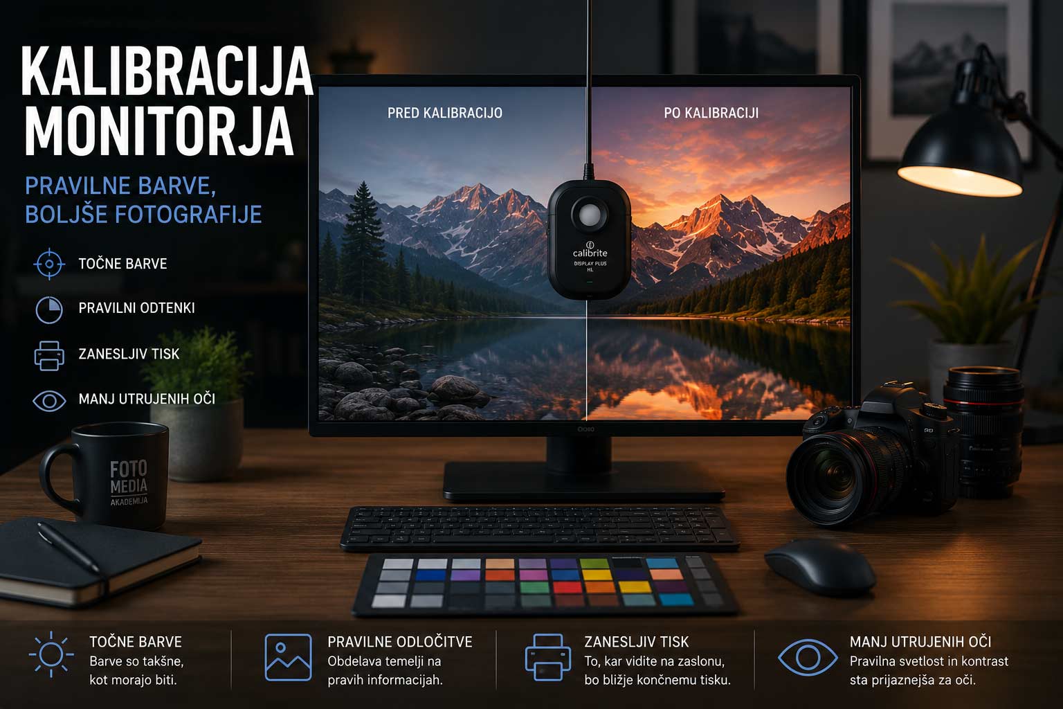 Kalibracija monitorja Monitor s kalibratorjem in fotografskimi dodatki na mizi.