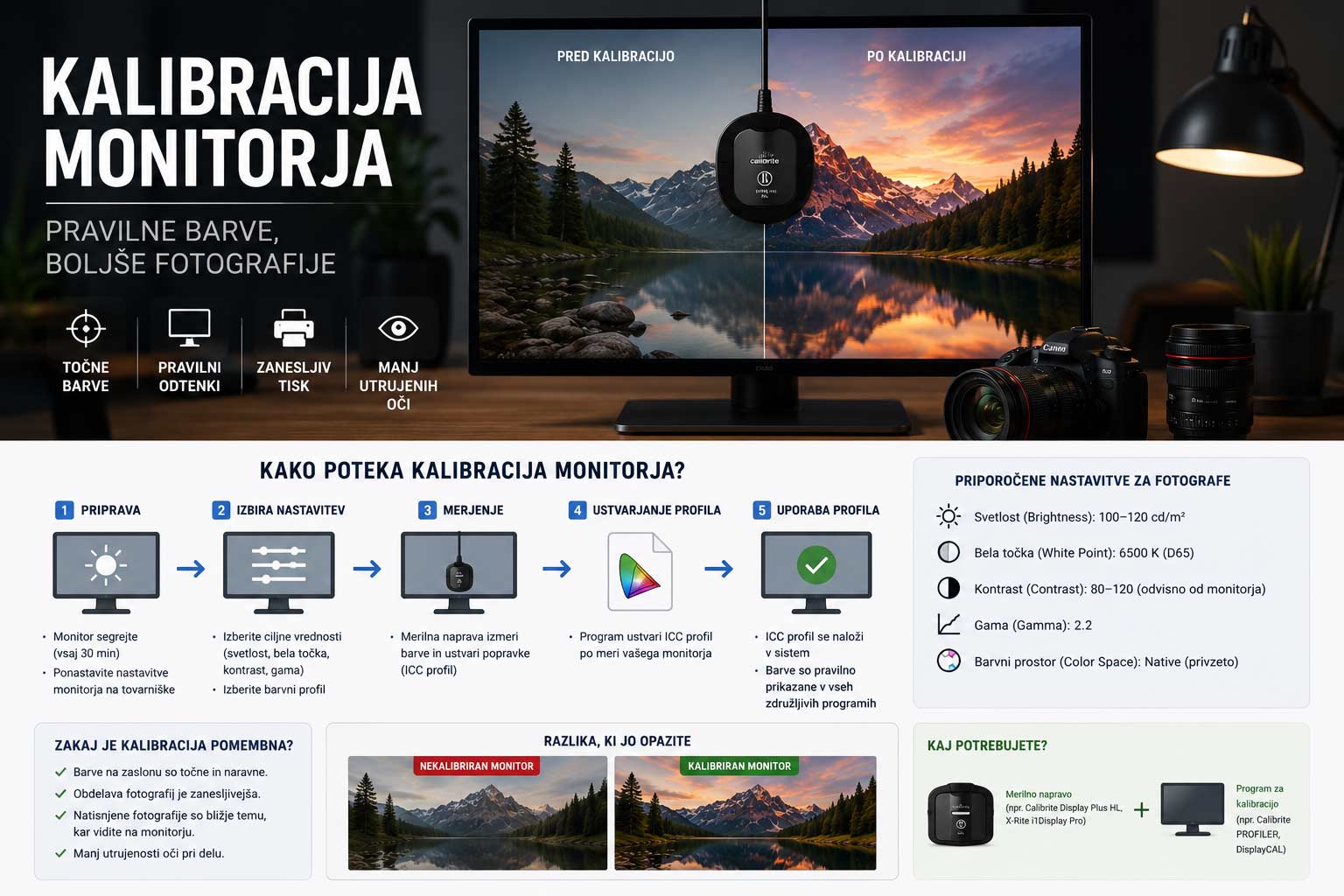 Infografika kalibracije monitorja z navodili in pripomočki.