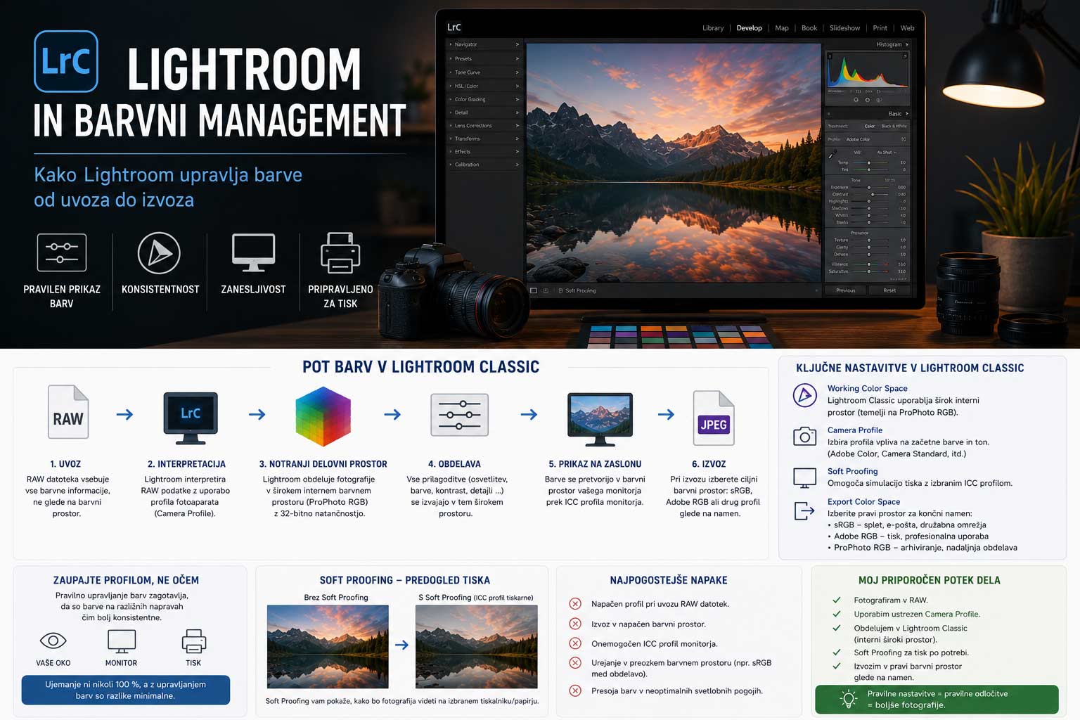 Infografika o upravljanju barv v Adobe Lightroom.