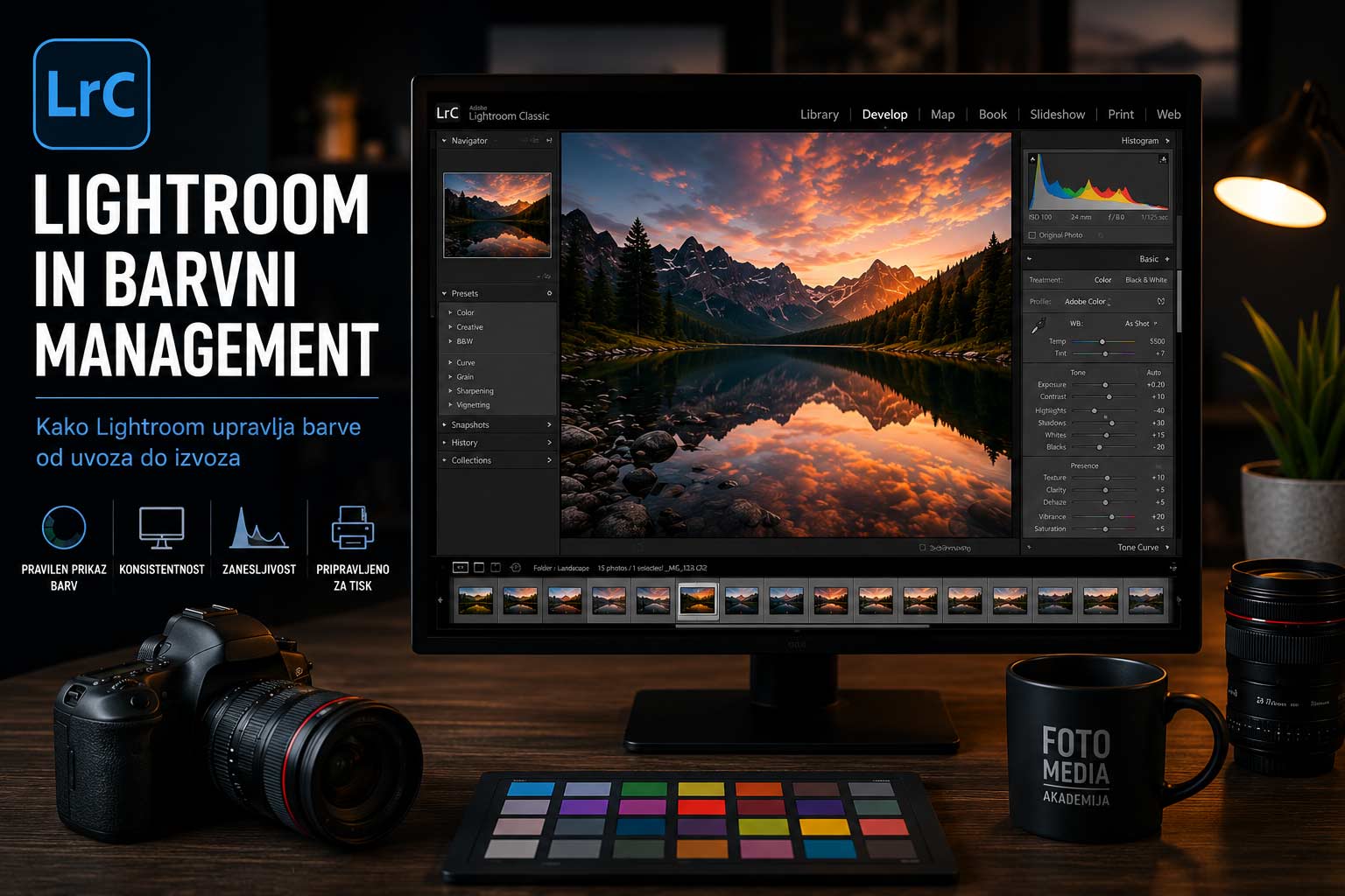 Urejanje barv v Lightroomu Računalniški zaslon z Lightroom vmesnikom in kamero na mizi.