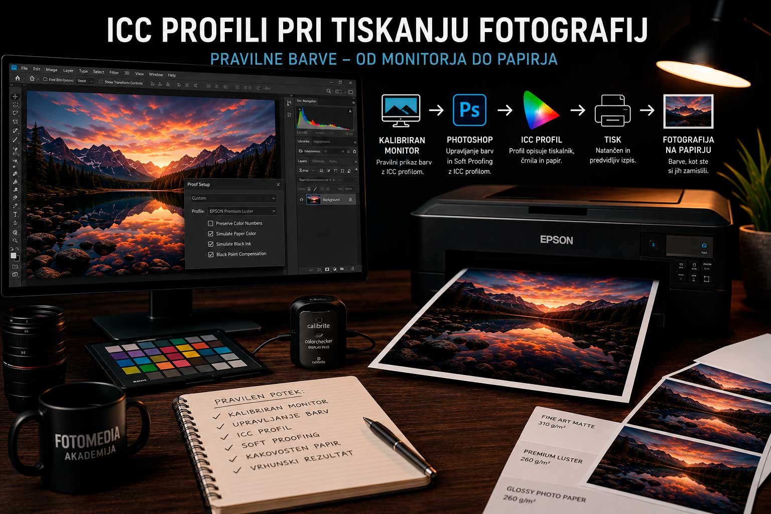 Miza s kalibriranim monitorjem, tiskalnikom in fotografijami.