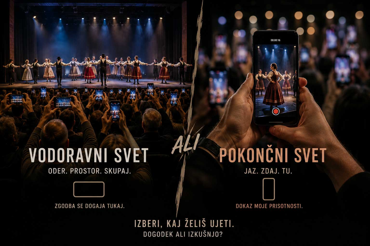 Občinstvo fotografira oder s telefoni, pokončna in vodoravna perspektiva