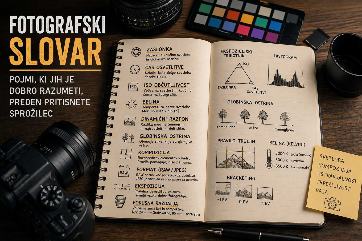 Fotografski slovar v beležki s fotografskim pripomočki na leseni mizi.