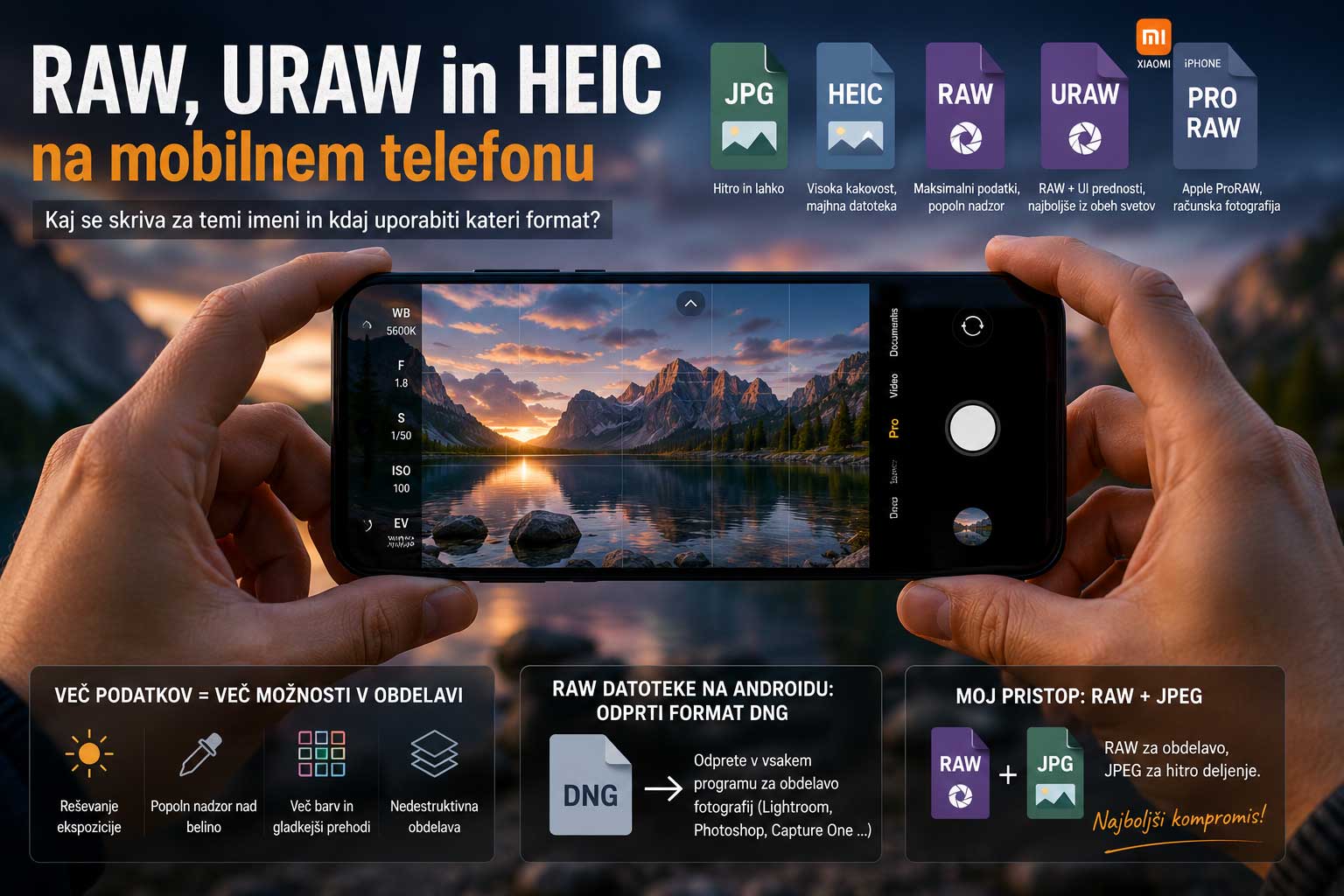 RAW in HEIC Formati Različni formati slikovnih datotek na mobilnem telefonu z goro v ozadju.