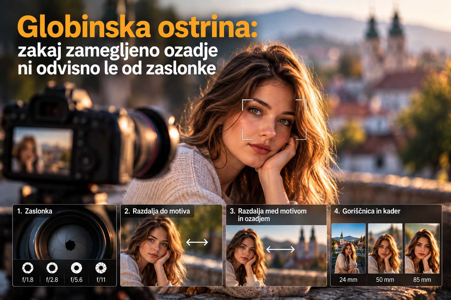 Model s kamero, zamegljeno ozadje, globinska ostrina.