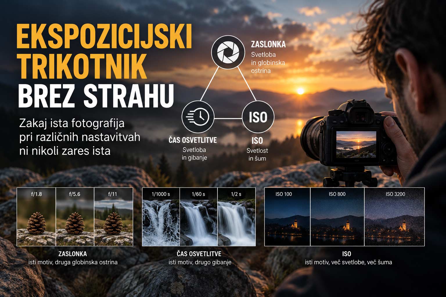 Ekspozicijski trikotnik fotografija Ekspozicijski trikotnik in učinkoviti nastavitve fotoaparata med fotografiranjem sončnega zahoda.