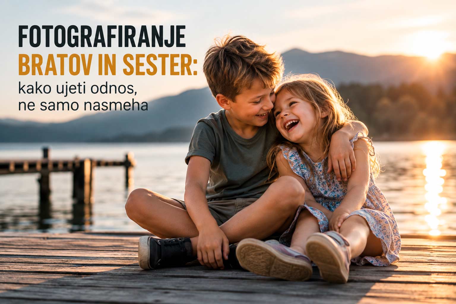 Brat in sestra sedita na pomolu ob sončnem zahodu, objemata se in smejeta.