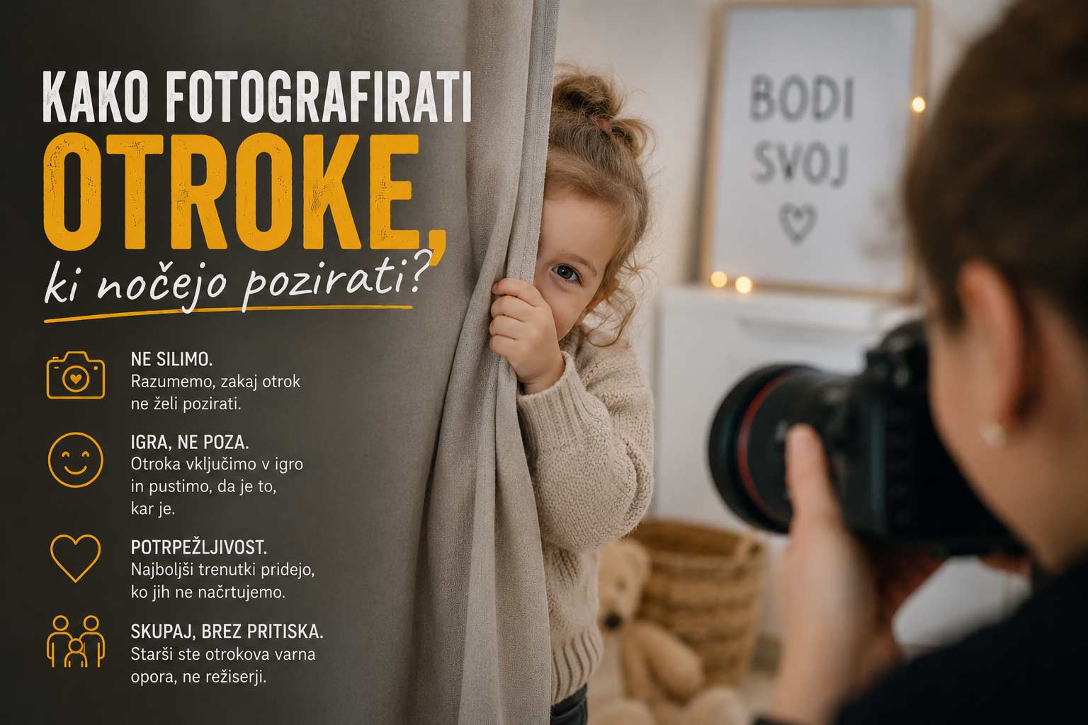 Fotografiranje Otrok Brez Poziranja Otrok skrit za zaveso med fotografiranjem doma