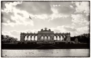 Črno-bela analogna fotografija Gloriette v dunajskih vrtovih Schönbrunn