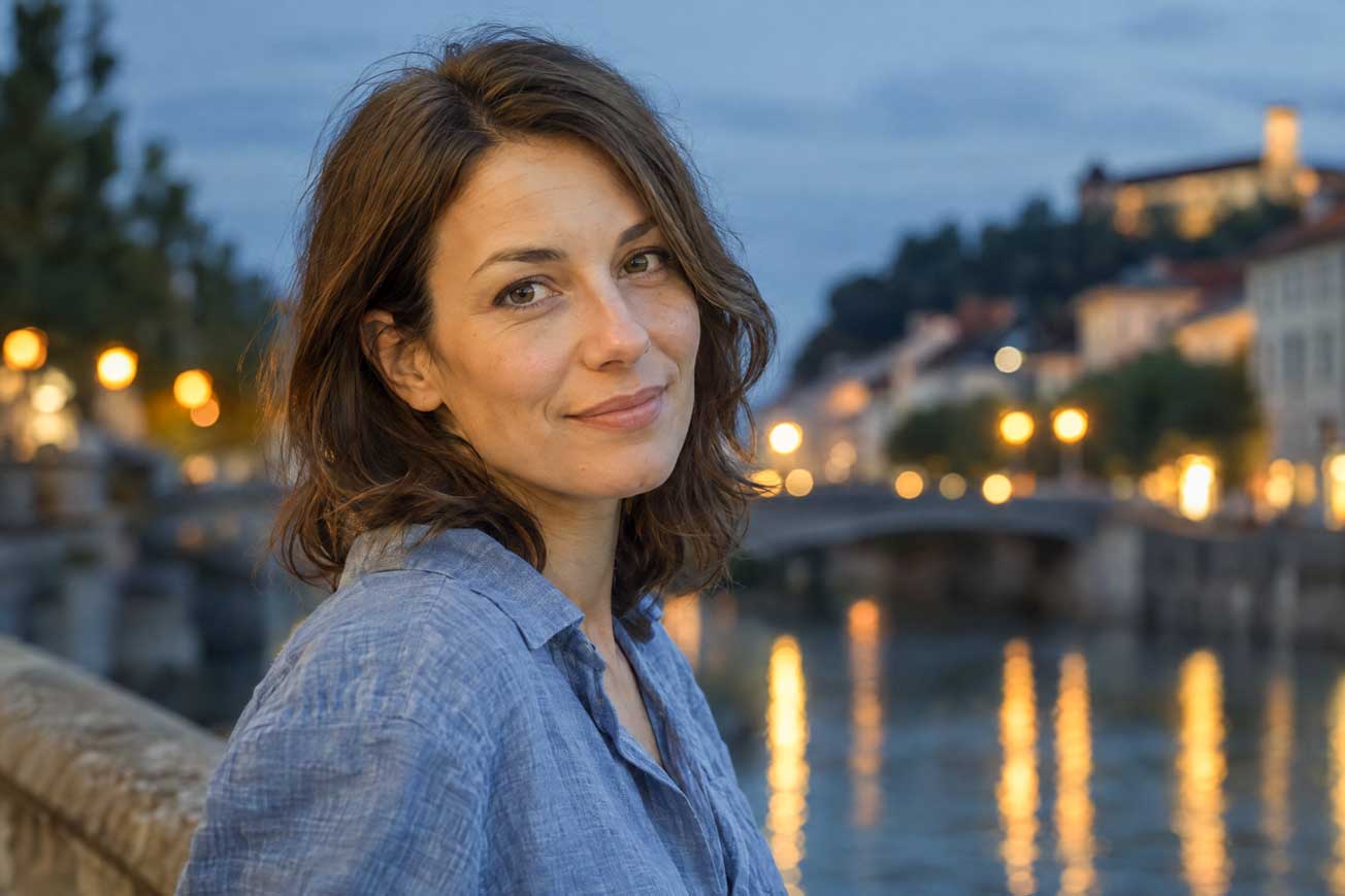 Portret ženske z bokeh ozadjem mestnih luči in reke