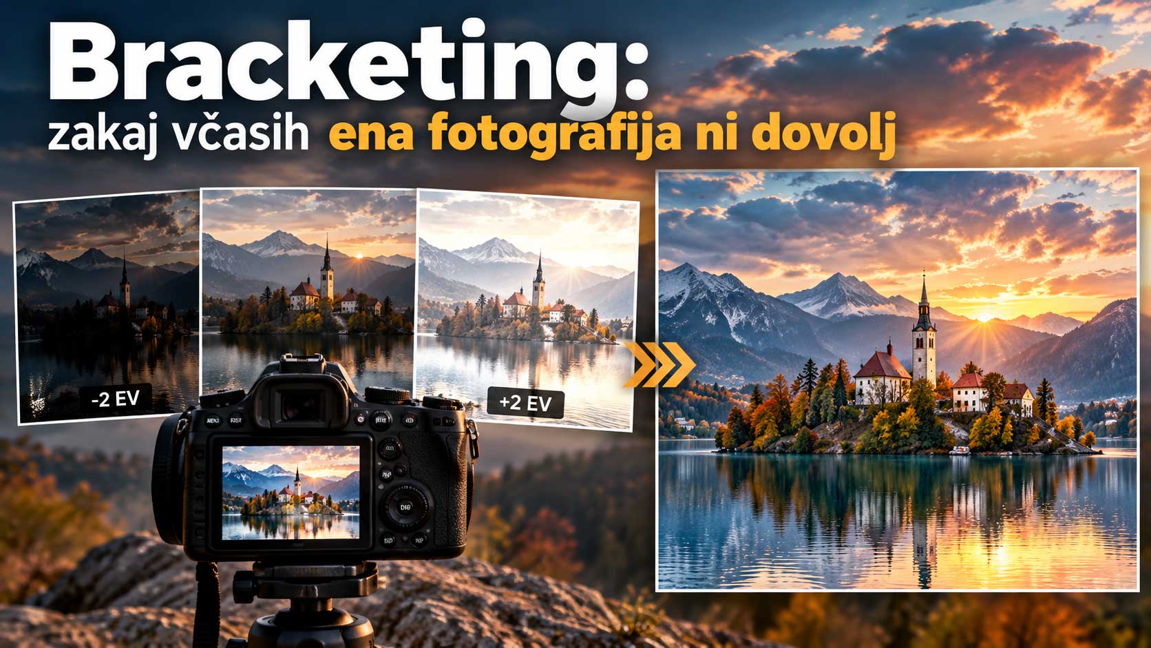 Blejski otok v HDR tehniki z bracketingom, prikaz treh posnetkov z različnimi osvetlitvami.