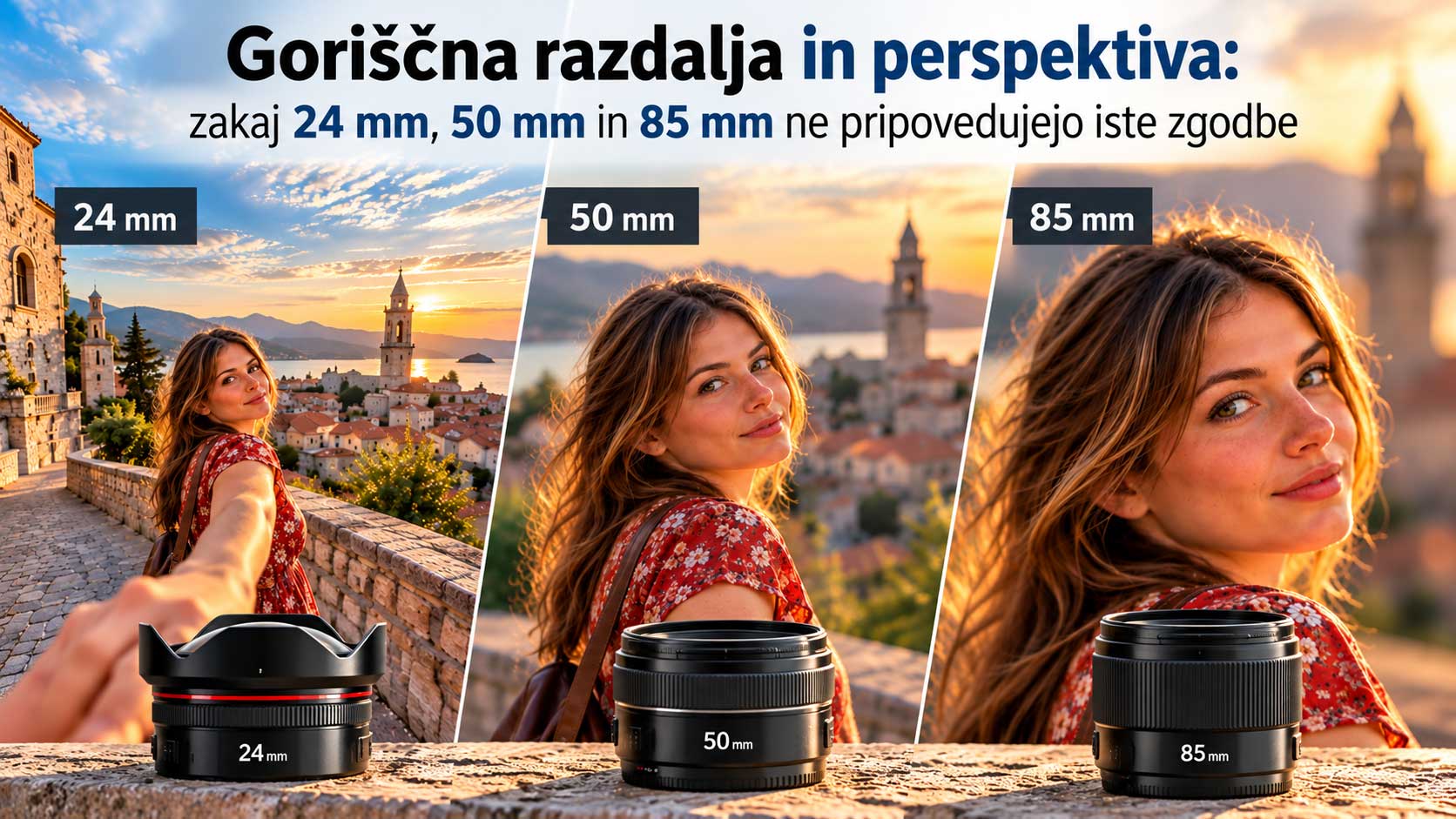 Perspektiva pri različnih goriščih Goriščna razdalja in perspektiva: primerjava 24 mm, 50 mm, 85 mm