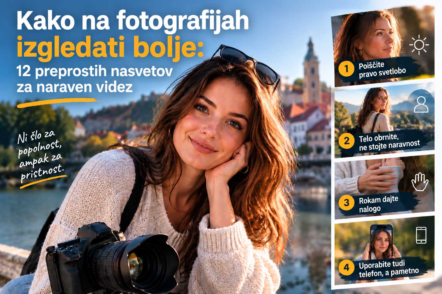 Nasveti za fotografiranje Fotomodel s kamero ob reki v mestu