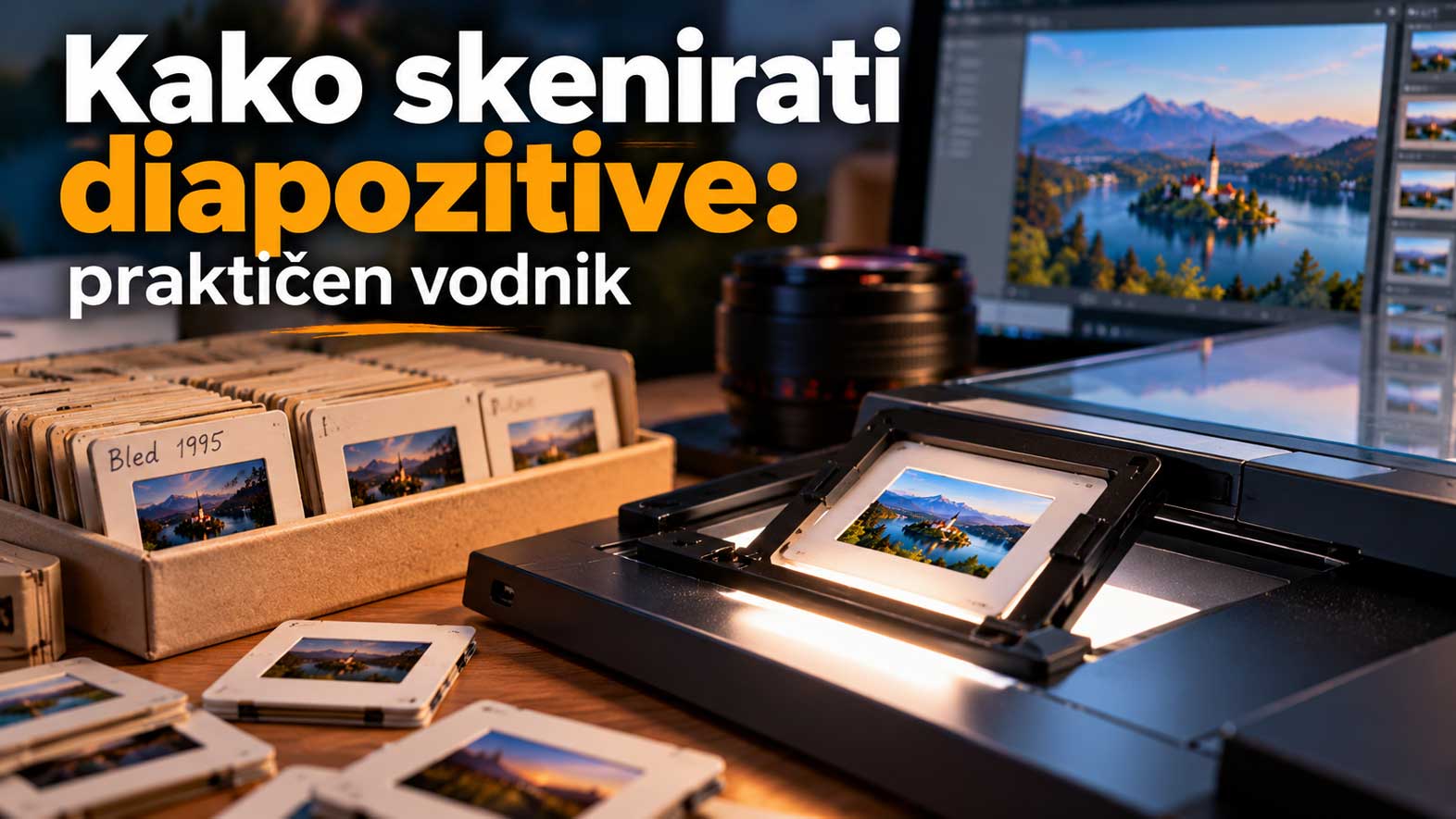 Skeniranje diapozitivov z Blejskim jezerom na zaslonu.