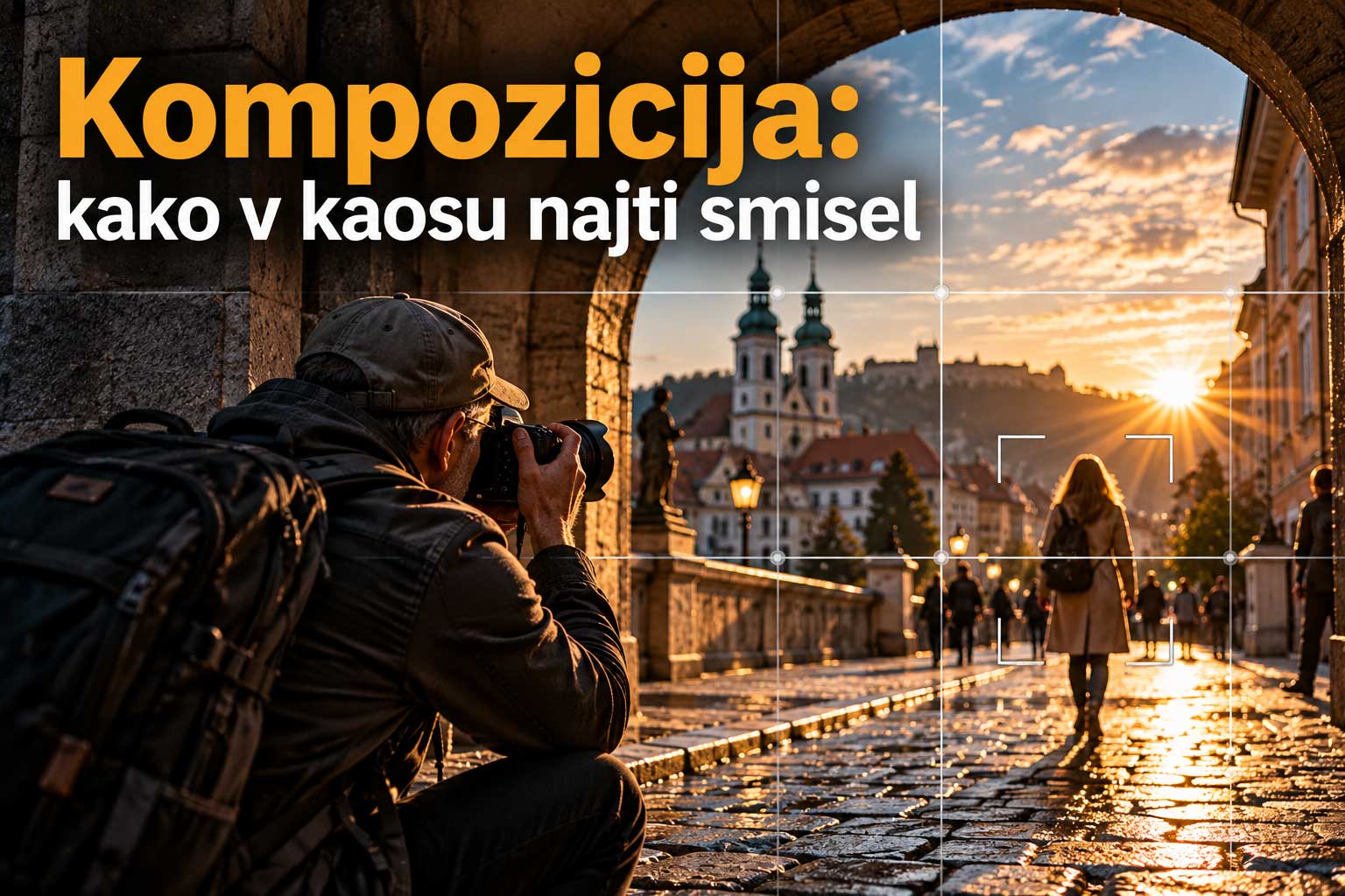 Fotograf ustvarja kompozicijo pri sončnem zahodu v mestu
