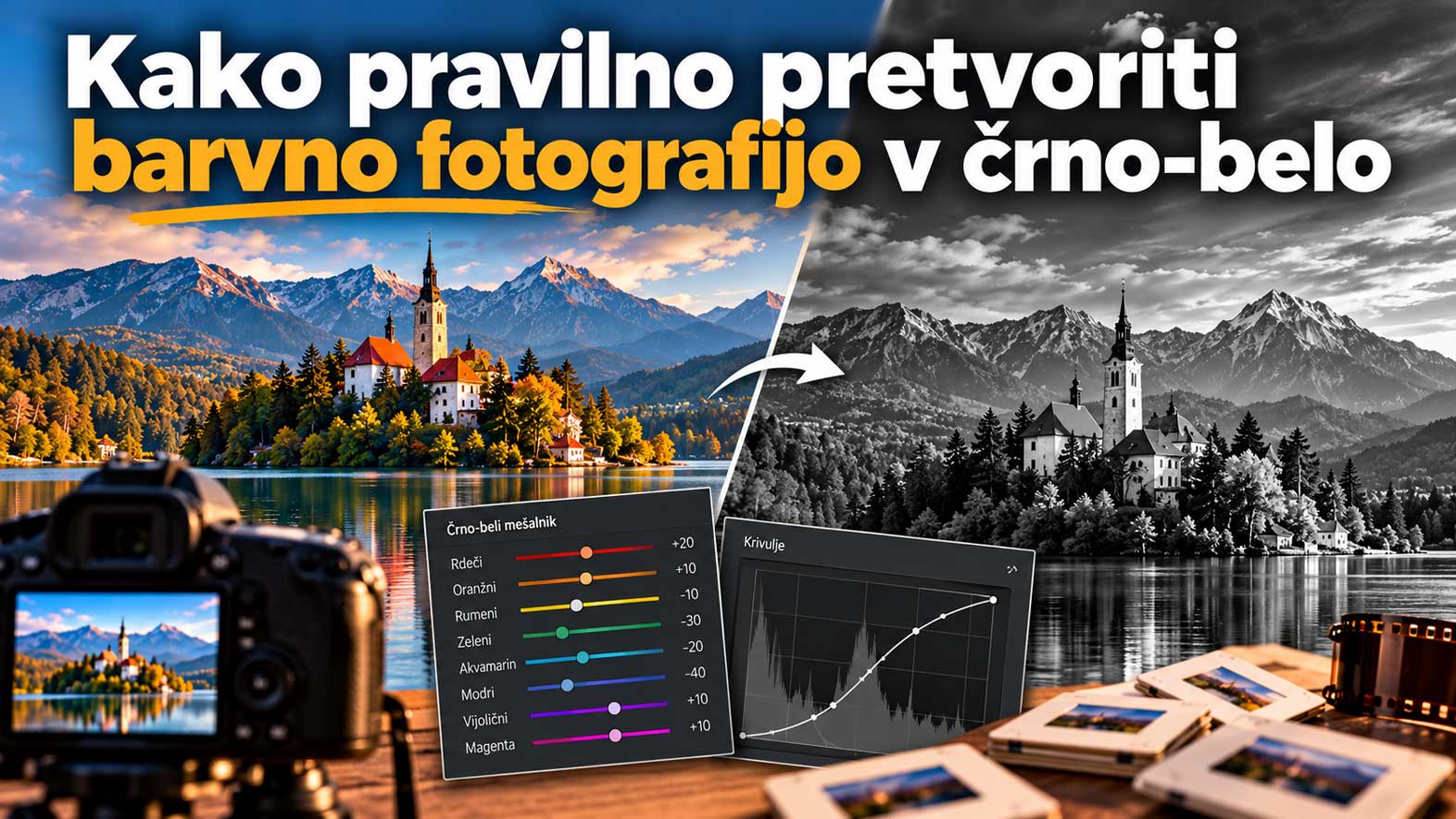 Učenje pretvorbe fotografij v črno-belo pri Blejskem jezeru