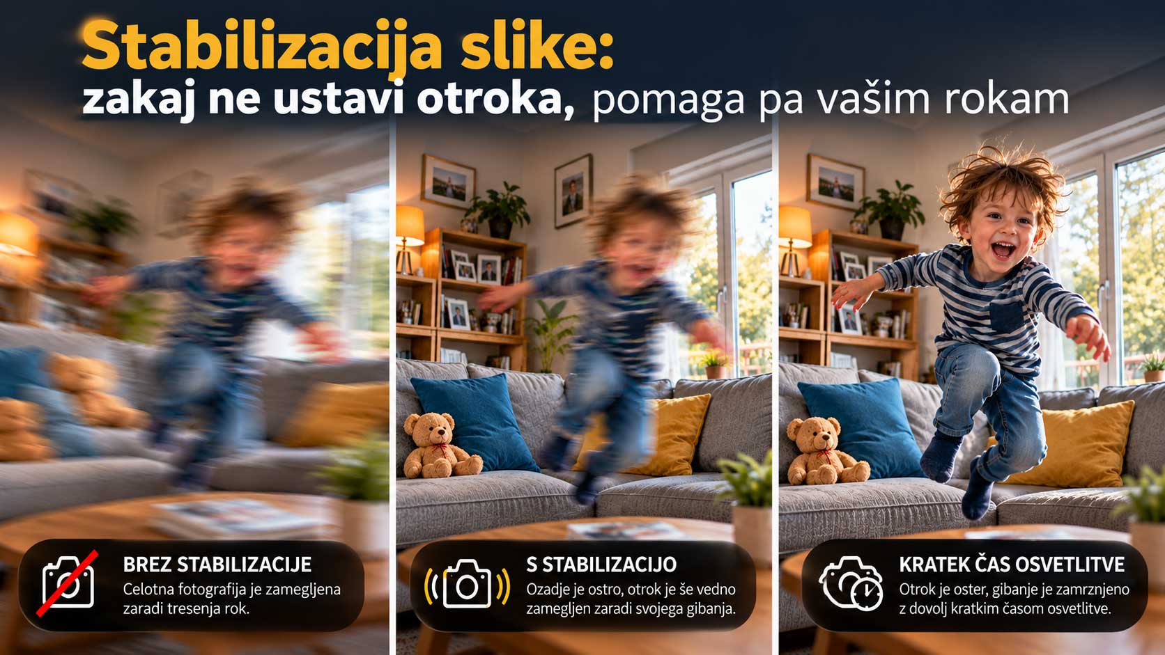 Otrok v gibanju ob uporabi stabilizacije slike v dnevni sobi