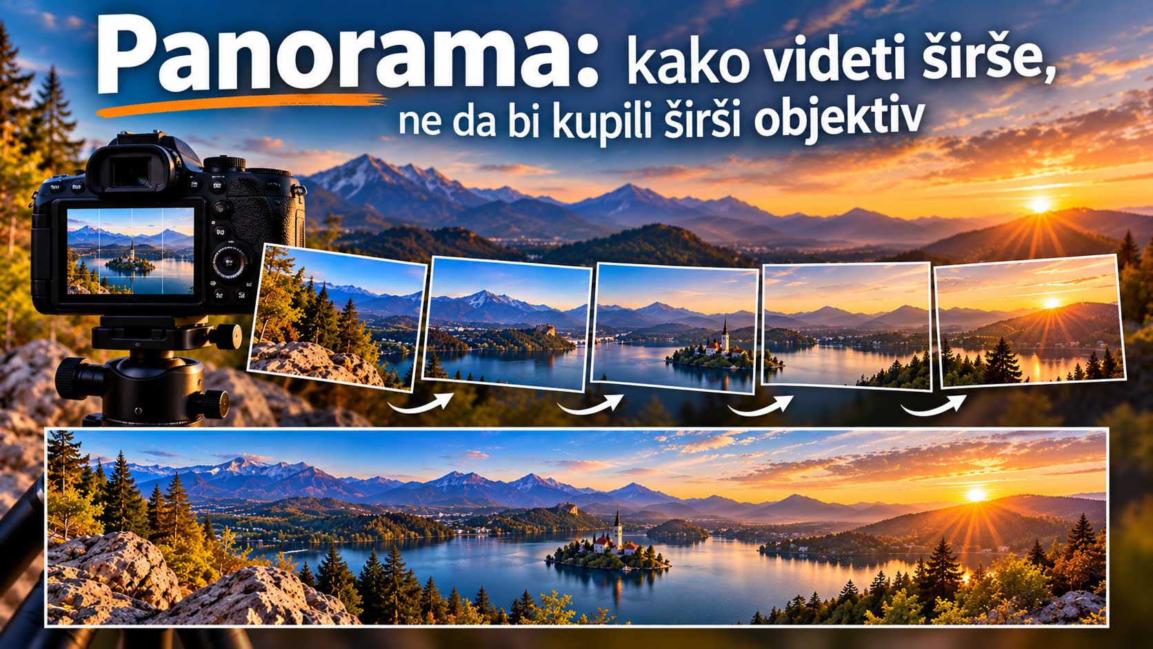 Panorama ob sončnem zahodu Fotografija panorame ob sončnem zahodu s pogledom na gore in jezero.